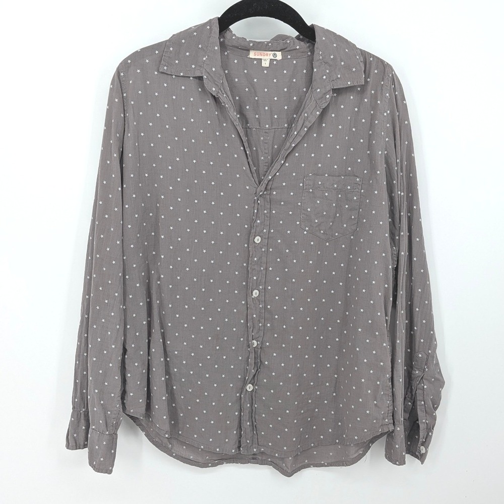 Sundry Button Up Top Size 1 Small Gray Star Long Sleeve Cotton Shirt Casual